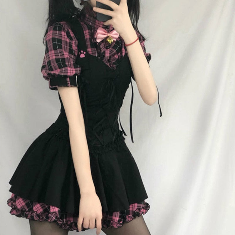 Gothic Pink Plaid Black Dress – kawaiicorner