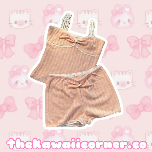 Pink Cotton dainty two piece shorts and top set