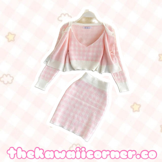 Pink knit gingham 3pcs skirt set