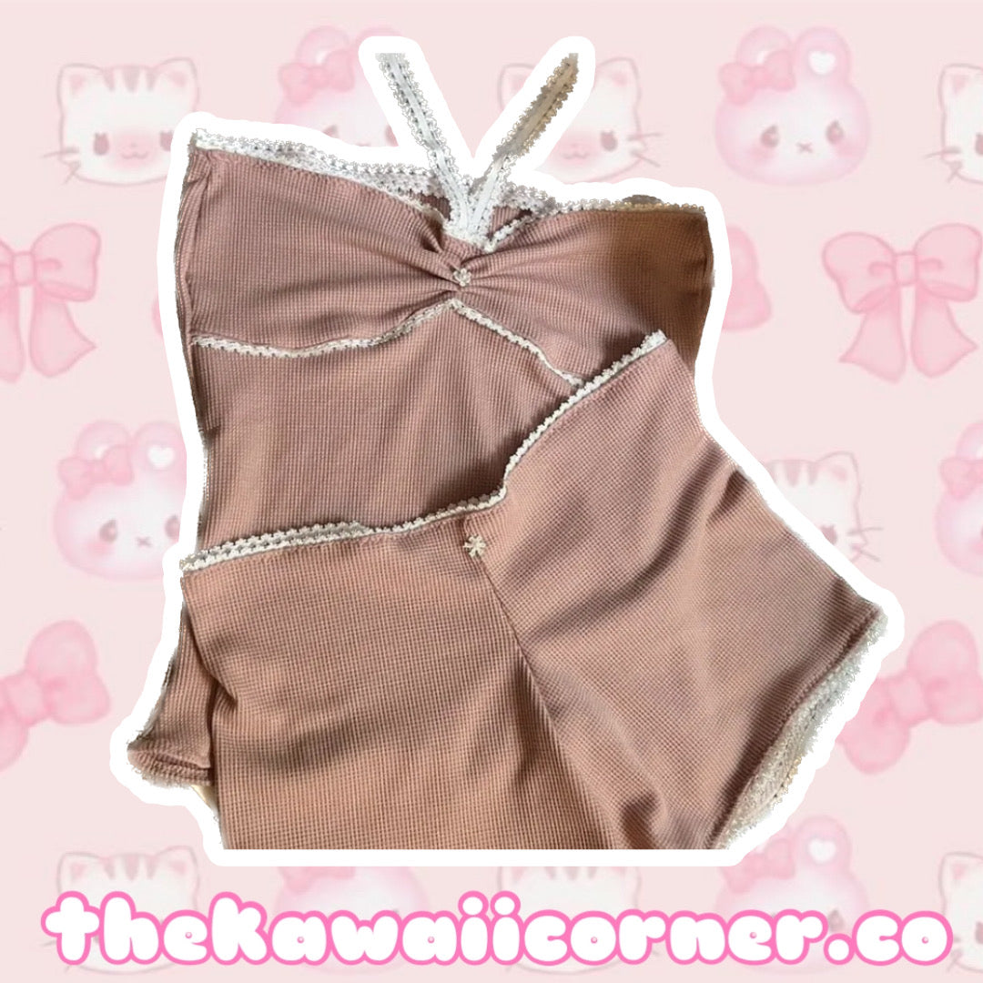 Peach Cotton dainty two piece shorts and top set