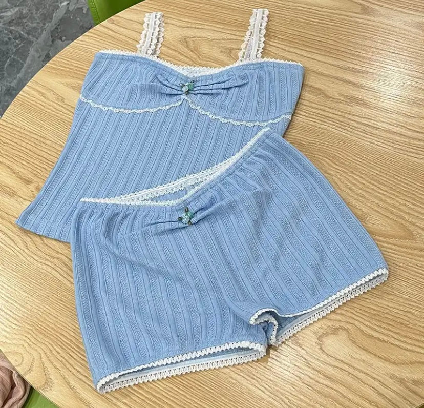 Blue dainty two piece shorts and top set