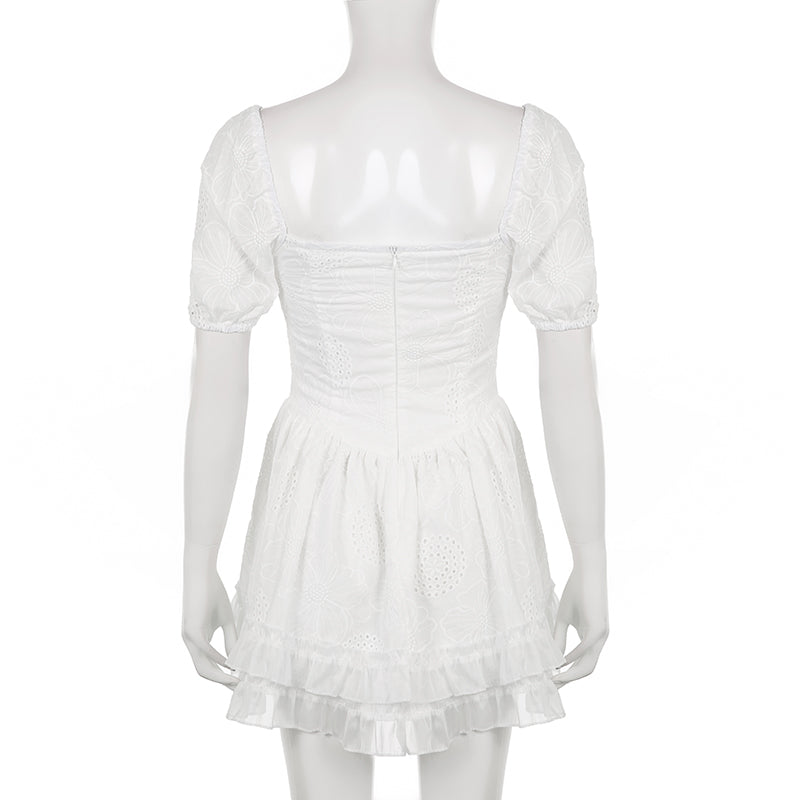 White Ruffle Embroidered Mini Dress