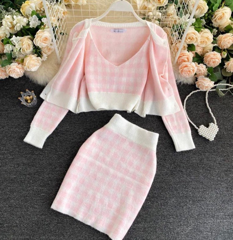 Pink knit gingham 3pcs skirt set