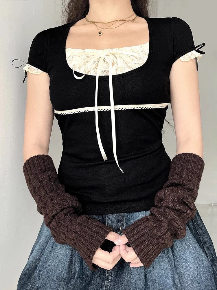 Lace milkmaid baby tee with ribbons