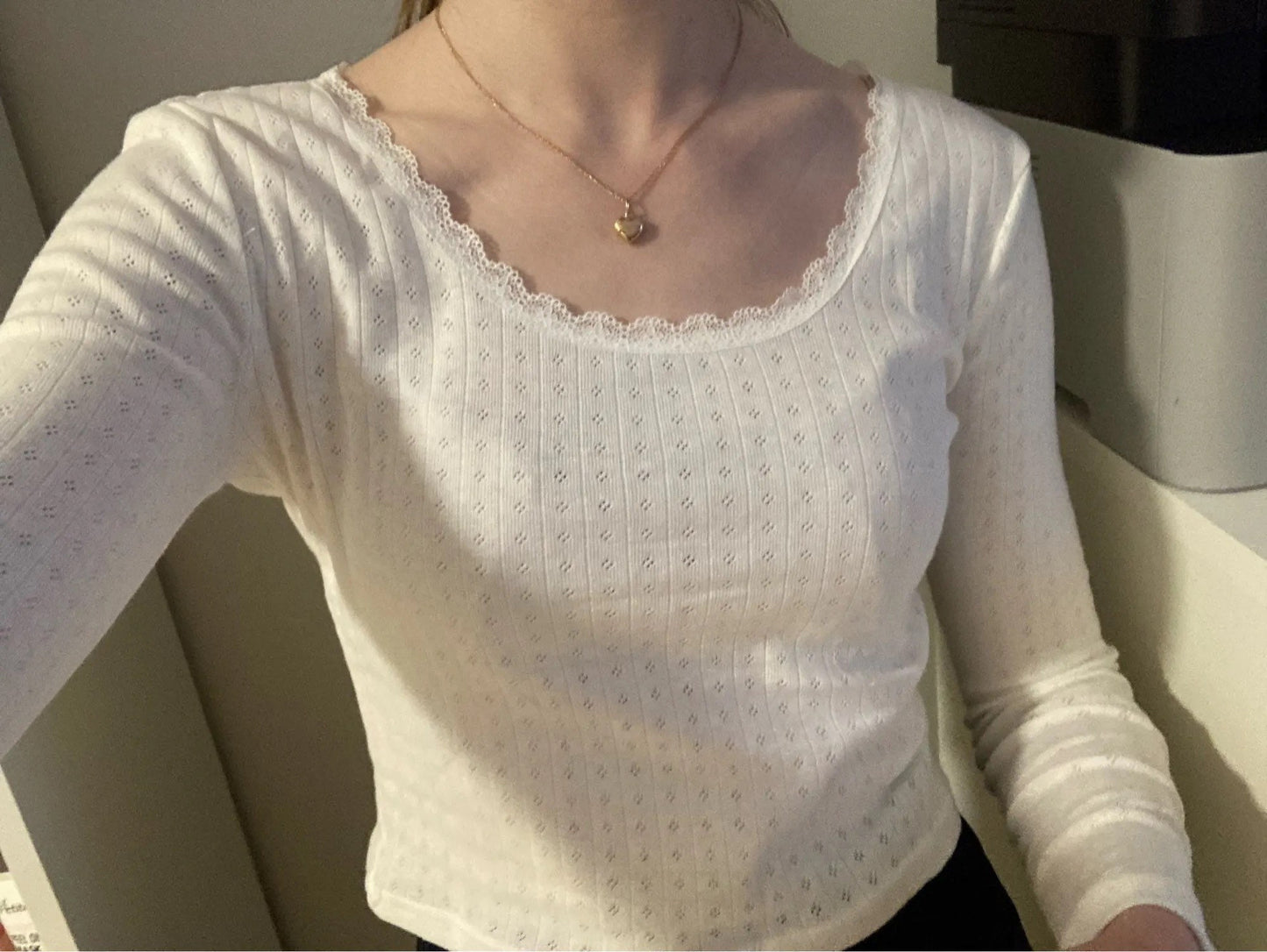 White cotton lace long sleeve top