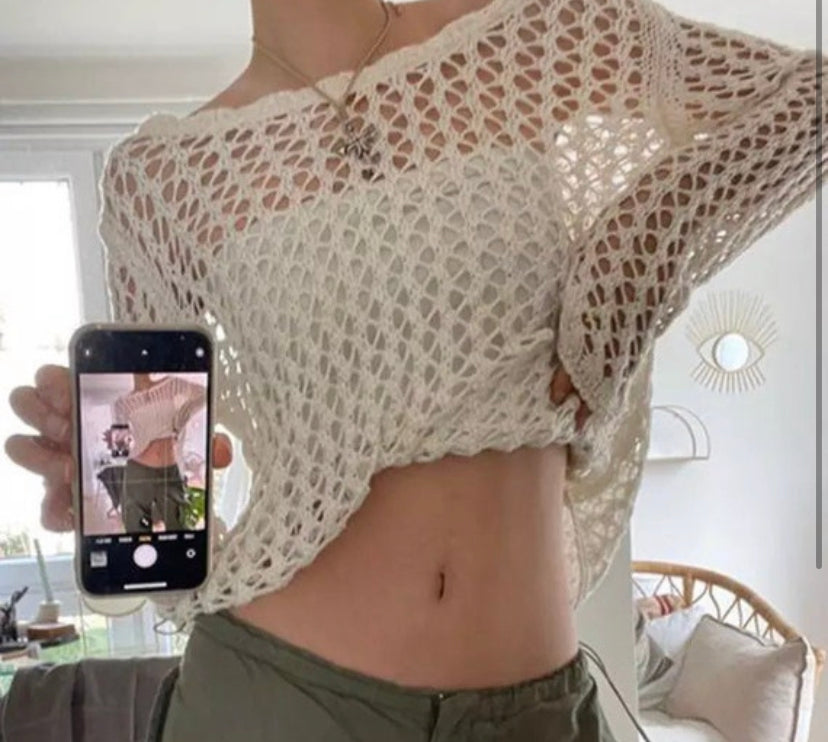 Hollow Out Crochet Long Sleeve Knit Top