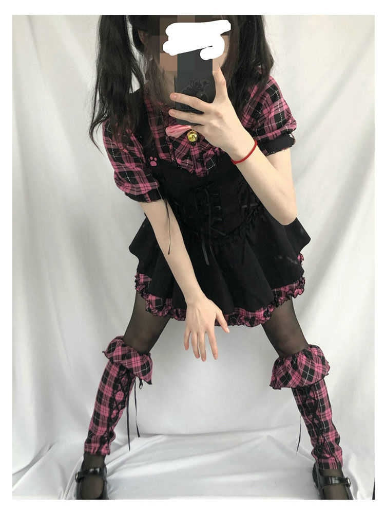 Gothic Pink Plaid Black Dress – kawaiicorner